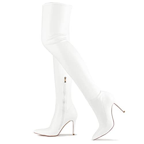 CAMSSOO Women's White Thigh High Boots Faux Suede Elasticity Heels Over The Knee Boots Side Zip Pointed Toe Fashion Sexy Winter Stiletto Knee High Boots White Matte PU, Size US10 EU42