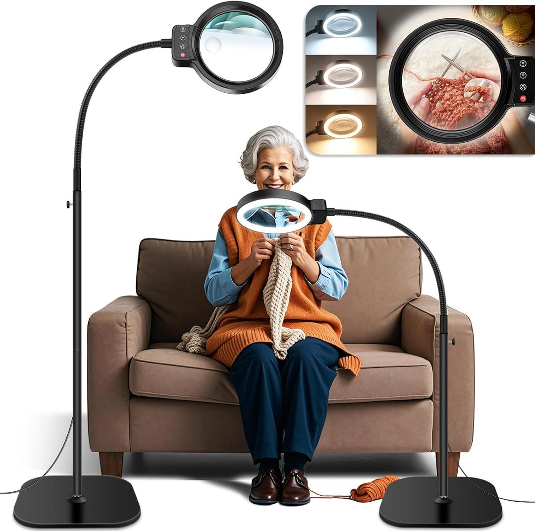 30X 10X Large Floor Magnifying Glass with Light and Stand,72 LED Flexible Gooseneck Floor Magnifying Lamp,2 in 1 Lighted Magnifiers for Close Work, Sewing,Crafts,HobbiesBlack