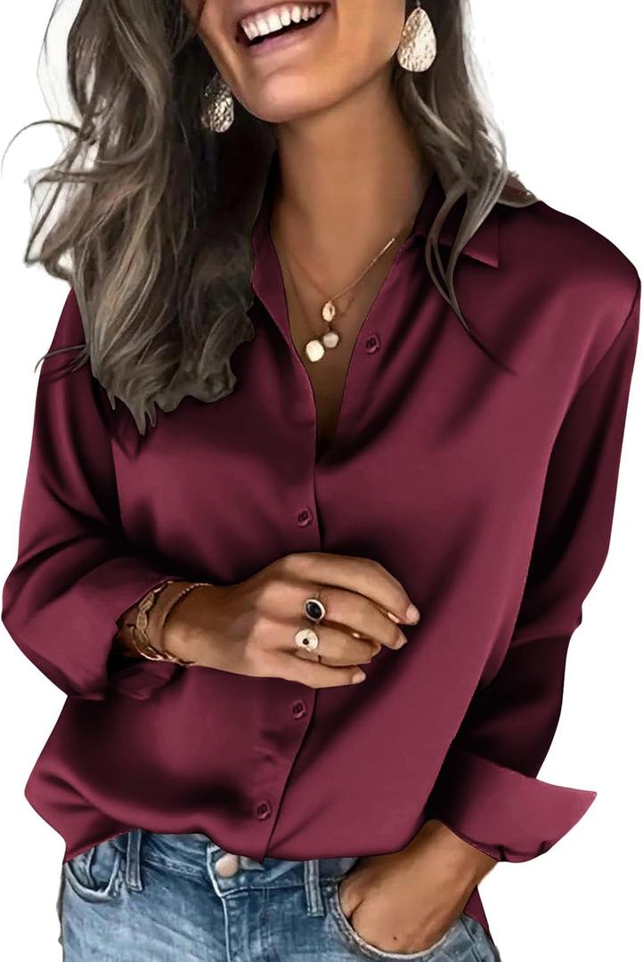 Zeagoo Satin Blouses for Women Silk Button Down Shirts Long Sleeve Business Casual Tops, XX-Large