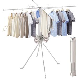 Foldable 4-Legged Clothes Drying Rack, Extra Stable Heavy Duty Laundry Drying Rack with Sock Clips & Shoe Holders, Large Capacity Collapsible Drying Stand for Indoor Outdoor Use, 5.2 x 5.2 x 31 inches