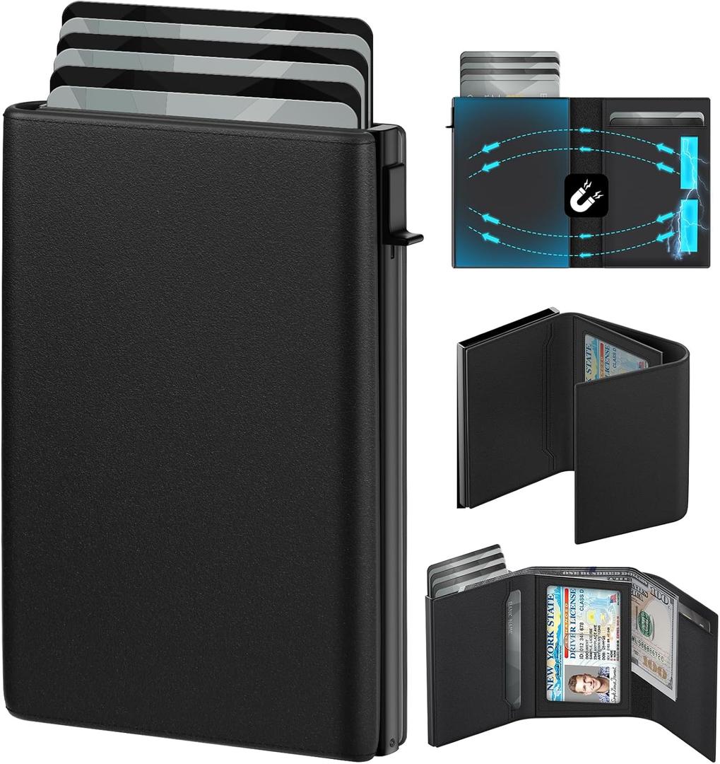 GAOCHALE Wallet for Men Pop up Card Holder, Smart, Slim, Minimalist Design for Front Pocket, Premium RFID Blocking, 10-14 Card Capacity | ID Window | Cash Slot(Black)