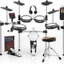 AKLOT Electric Drum Set with Kick-Tower: 4 Dual Zone Mesh Pads, 8’’ Tower-Style Kick Drum, 10’’ Snare, Dual Zone 10’’ Cymbals with Choke, 360 Sounds, User Kit, USB-MIDI, Throne, B-CORE 540 Air, Silver