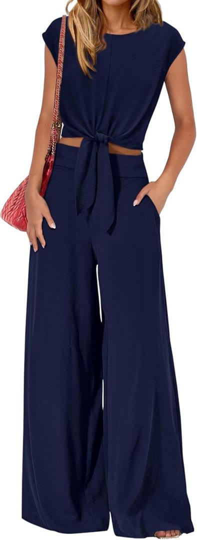 PRETTYGARDEN Women 2 Piece Lounge Sets 2026 Casual Summer Outfits Cap Sleeve Strappy Crop Tops Wide Leg Pant Tracksuit (Small, Navy Blue)