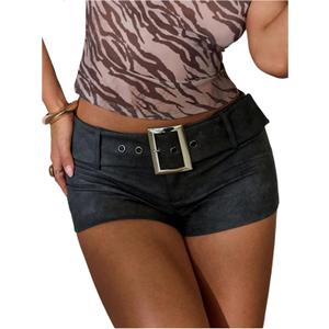 Floerns Women's Y2k Leather Mini Shorts Low Rise Buckle Belt Skinny Night Out Short Pants (Dark Grey)