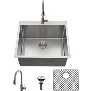 25 Inch Drop In Laundry Sink with Faucet-Brovy 25x22 Stainless Steel Utility Sink Drop In 12" Deep 16 Gauge Top Mount Single Bowl Laundry Room Sink with Mat (Brushed Nickel)