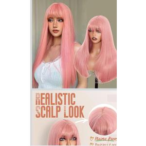 SUKRI Pink Wigs with Bangs for Women Long Straight Pink Wig 26 Inch Colorful Synthetic Wig Natural Looking Hair Wigs for Daily Party Cosplay Use