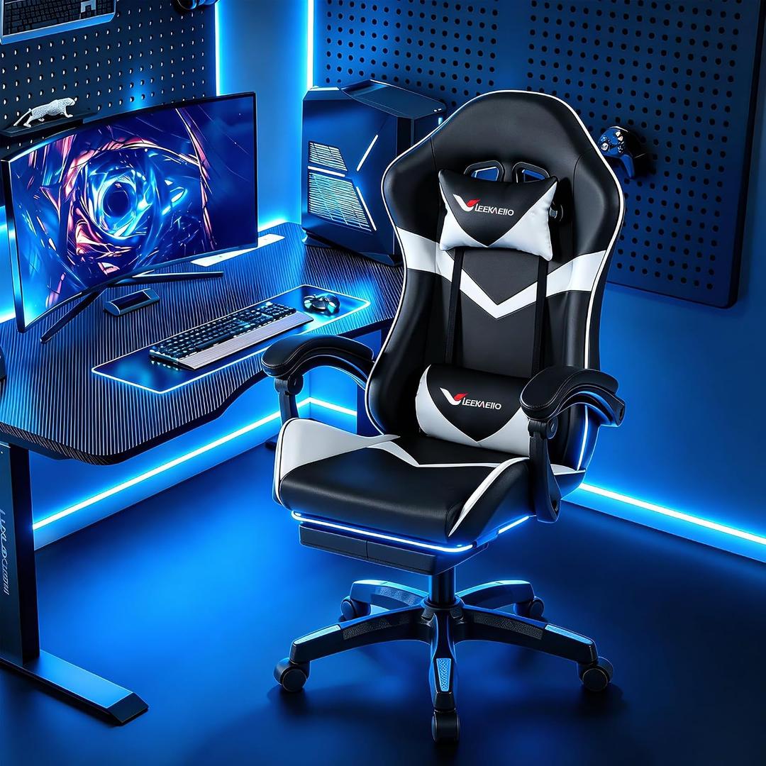 Gaming Chair for Adults, Ergonomic Computer Gaming Chair with Footrest & Lumbar Support, Height Adjustable 360° Swivel Reclining Home Office Desk Chair (Black & White)