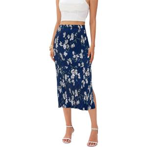 Midi Skirts for Women with Slit Long Knee Length Floral Elastic Pleated High Waisted Womens Skirt