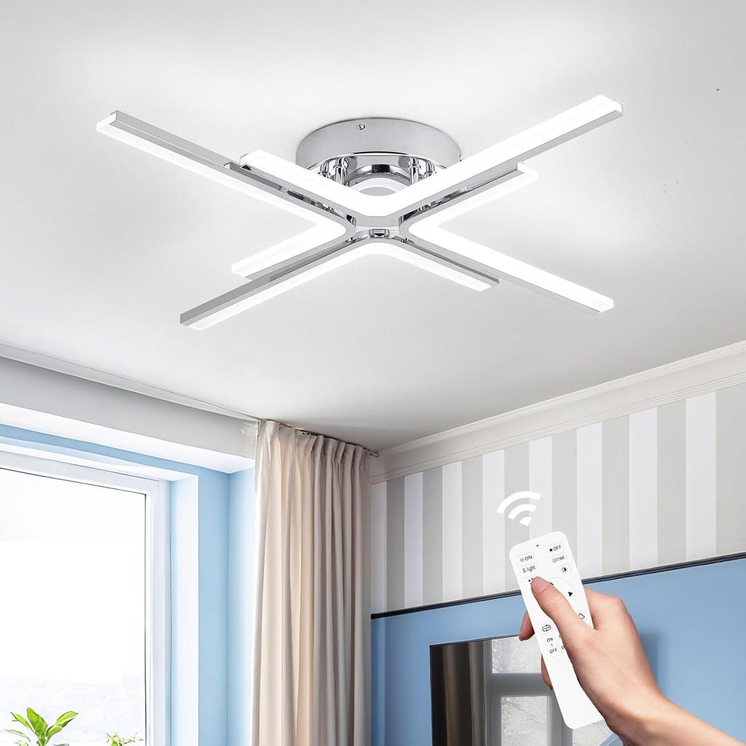 Modern Ceiling Light Fixture, Dimmable Chrome Flush Mount Ceiling Lamp with Remote, 3-Color Acrylic LED Chandelier for Kitchen, Dining Room, Living Room, Bedroom