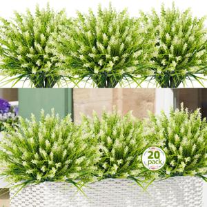 Artificial Plants for Outdoors, 20 Bundles Fake Monkey Grass with White Spring Flowers, Faux Plants Outdoor UV Resistant Realistic Greenery for Garden Window Patio Hanging Porch Home Decoration