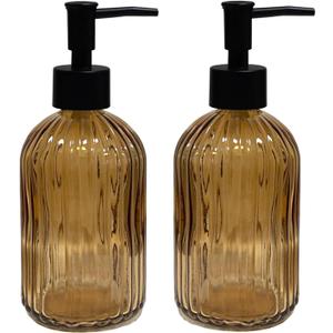 Brown Glass Soap Dispenser Set with Black Pump, 13.5oz Refillable Liquid Hand Dispenser, Vertical Stripe Lotion Dish Soap Dispenser for Modern Home Decor, Bathroom, Kitchen Countertop, Hotel(2 Pack)
