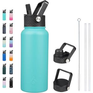 BJPKPK Insulated Water Bottles with Straw Lid, 32oz Metal Large Water Bottle with 3 Lids, Reusable Leak Proof BPA Free Thermo, Stainless Steel Tumblers for Sports, Gym, Travel-Turquoise