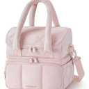 BAGSMART Lunch Bag Women, Double Deck Insulated Lunch Box, Quilted Puffer Lunch Tote, Leakproof, Durable & Reusable Large Lunch Cooler For Work Picnic Travel Meal Prep, Pink