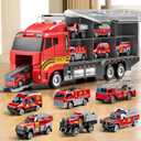 NIPLOOOW Toddler Boys Toys for 3-5 Years Old, Fire Truck Vehicle Set with Play Mat and Die-Cast Toy Car, Transport Carrier Truck for Kids 3-5, Birthday Gifts Toys for 3-8+ Year Old Boys