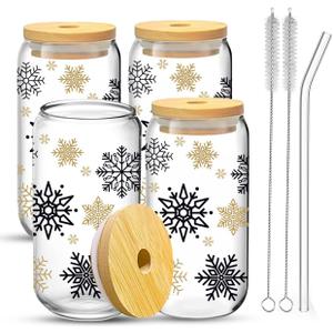 ZYLOSTORE Glass Cups With Lids and Straws, Iced Coffee Tumblers, Smoothie Cups Set, Cute Jars With Bamboo Lids - Christmas Gifts