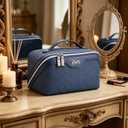 BOYATU Travel Makeup Bags for Women: Vintage Roman Column Texture Large Capacity Cosmetic Bag - Each Journey, Quiet Luxury Serenity - 3 Pcs Set Organizer Toiletry Purse 50% Extra Storage(Indigo)