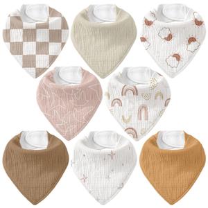 Muslin Baby Bibs 8 Pack, Baby Bandana Drool Bib for Drooling and Teething, Cotton Soft Absorbent for Girls Boys Good Night (Brown Rainbow)