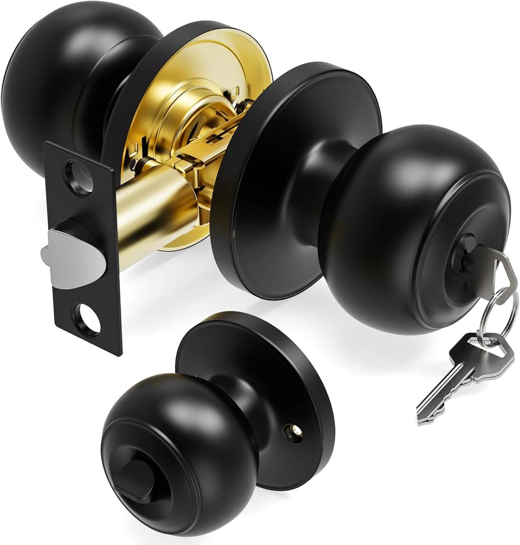 Door Knob with Lock and Key, Door Knobs Keyed Entry Door Knobs, Interior and Exterior Door Lock for Front Doors, Bedroom & Bathroom Round Door Knob Matte Black Finish, 1 Pack