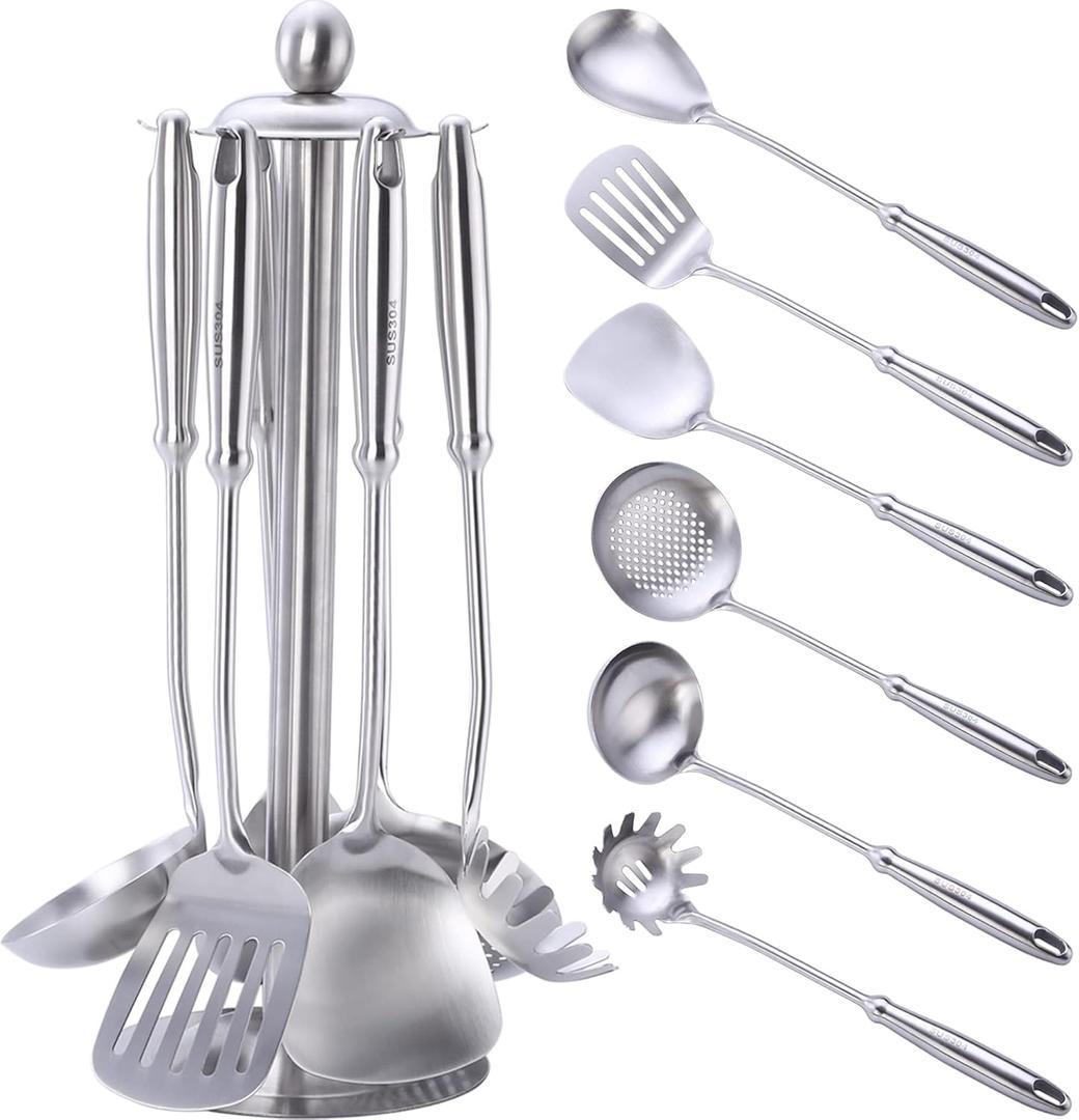 Cooking Utensils Set,7 PC 304 Stainless Steel Kitchen Utensils Set with Rotating Holder,Kitchen Tools Set,Wok Spatula,Soup Ladle,Slotted Spoon,Slotted Spatula,Server Spoon,Pasta Server