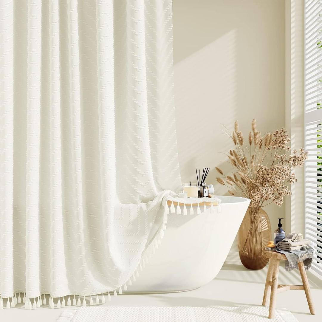 Dynamene Extra Long Shower Curtains, 84 Inches Long Boho Tufted Chevron Striped Fabric Shower Curtains for Bathroom, Tall Minimalist Chic Waterproof Cloth Shower Curtain Set with Hook, Cream, 72x84