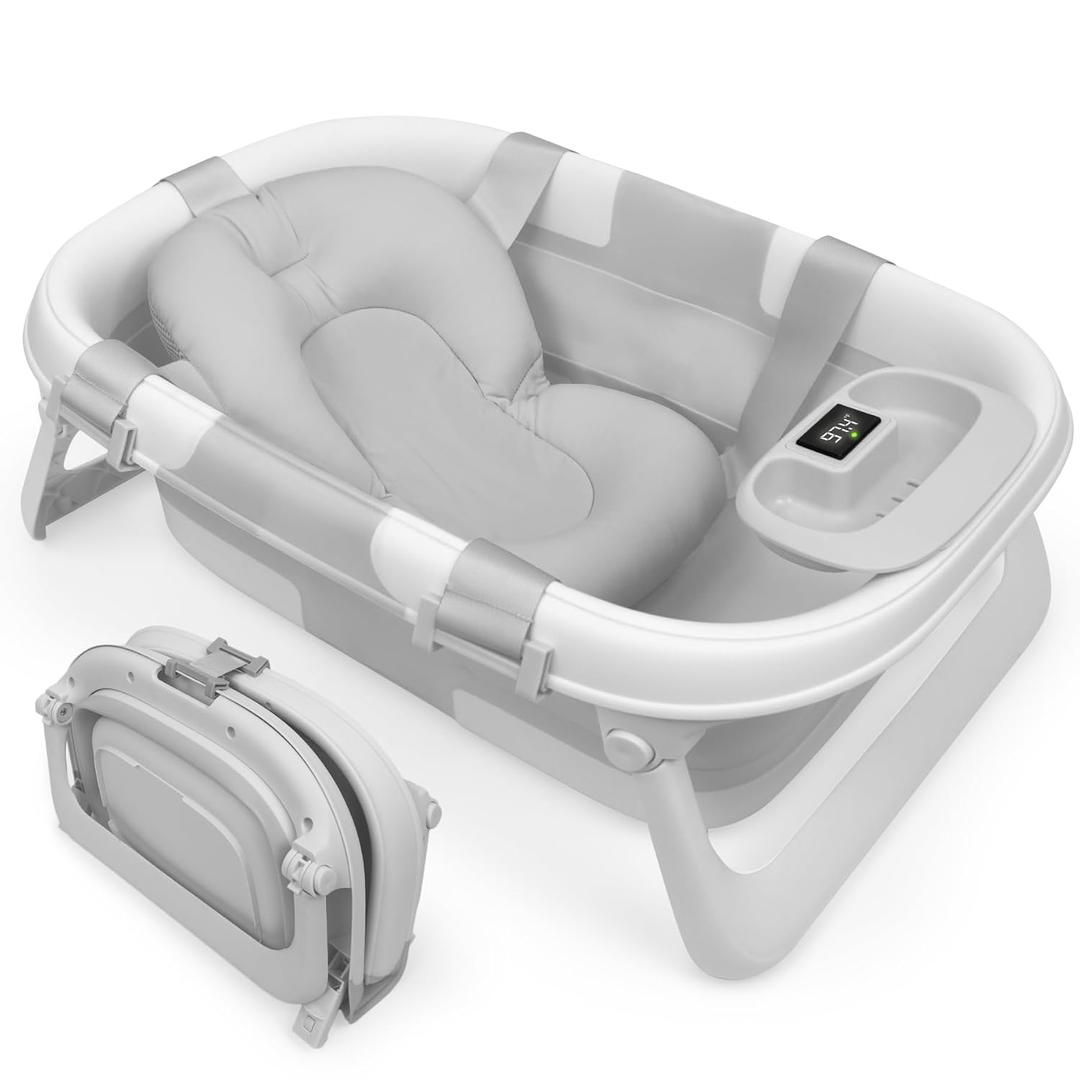 Jool Baby Foldable Baby Bathtub – Portable for Travel – Thermometer (Gray)