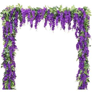 Wisteria Artificial Flowers Garland, 2Pcs Total 14.4ft Silk Faux Wisteria Vine Kit, Hanging Flower Plant for House Outdoor Garden Ceremony Outside Wedding Arch Floral Decor (2, Purple)
