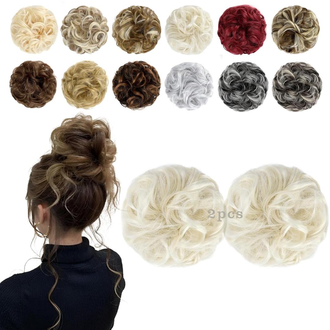 2 PCS Messy Bun Hair Piece Wavy Curly Scrunchies Synthetic Chignon Ponytail Hair Extensions Thick Updo Hairpieces for Women Girls(Platinum Blonde)