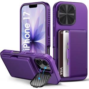 for iPhone 17 Wallet Case with Camera Cover Kickstand, Card Holder (3-5 Cards), Military Grade Protection, Heavy Duty Women Men Shockproof Hard Phone Case for iPhone 17 6.3" 2025, Dark Purple