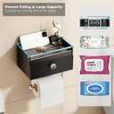 Voldra Toilet Paper Holder with Shelf, Flushable Wipes Dispenser for Bathroom, Adhesive Toilet Paper Roll Holder with Storage Wall Mount Stick On Bathroom Tissue Holder Front Flip Design (Matte Black)