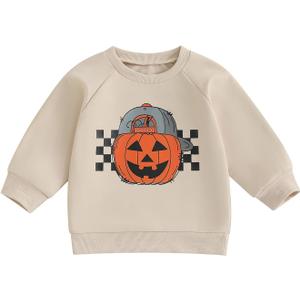 Toddler Baby Boy Halloween Outfit Pumpkin Ghost Print Crew Neck Sweatshirt Long Sleeve Fall Winter Pullover Tops (Beige)