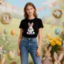 Women's Easter Shirts: Bunny Eggs Pattern Casual Round Neck Short Sleeve T-Shirt (L)