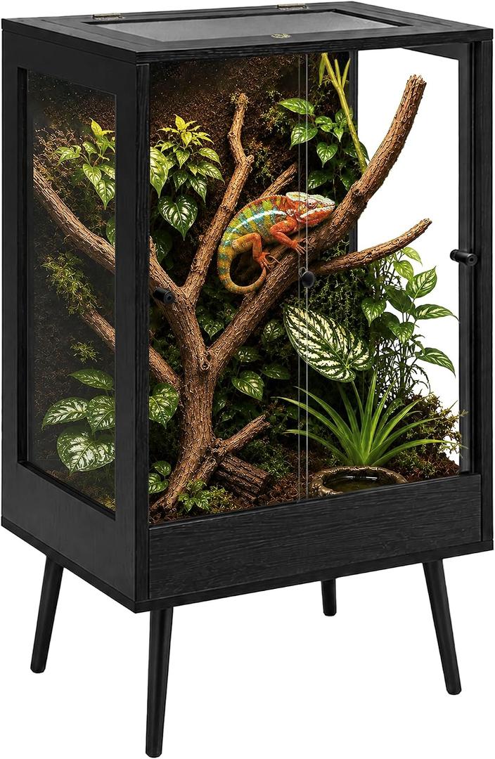 PROLEE 24" x 18" x 36" Tall Reptile Terrarium with Leg Stand, 65 Gallon Vertical Glass Chameleon Cage with Front Opening Doors, Ventilated Mesh Top, Rainforest Habitat for Arboreal Reptiles, Black