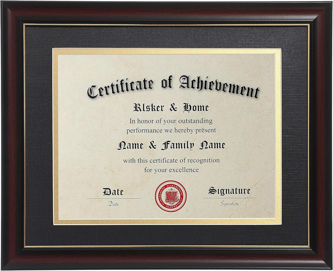 ELSKER&HOME 8.5x11 Diploma Frames with Mat, Classic Cherry Wood, 8.5x11 or 11x14 Inch - Double Matte Black with Gold Rim