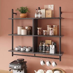 Bestier Kitchen Shelves Wall Mounted Floating Pipe Shelving 3 Tier 41.5" Coffee Bar Shelf with Holder, Wall Display Storage Rack Sundries for Kitchen Living Room, Charcoal Black (Twin XL)