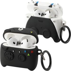 [2Pack] Gedicht for Apple Airpods 4th Generation Case Cover(2024), Cute Cartoon Game Consoles Soft Silicone Protective Cases for Airpods 4 Case with Keychain for Women Men, Controller Black+White