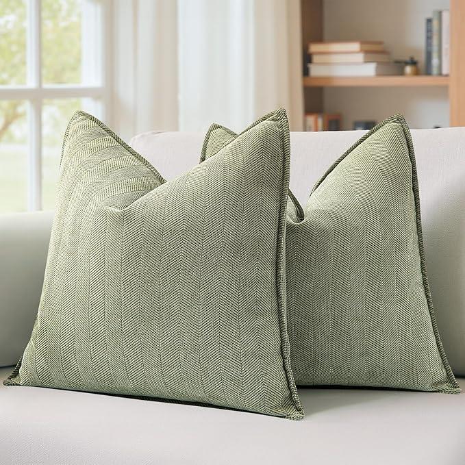 MIULEE Pack of 2 Sage Green Decorative Pillow Covers 18x18 Inch Soft Chenille Luxurious Couch Throw Pillows Farmhouse Cushion Covers with Elegant Design for Sofa Bedroom Living Room Spring Home Decor