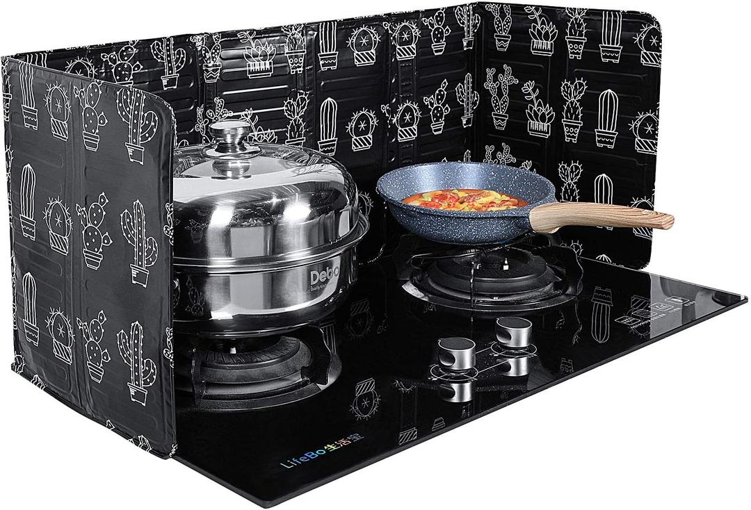 Shappy 2 Pcs 3 Sided Splatter Guard Foldable Grease Splatter Screen for Frying Pan Aluminum Foil Splash Guard for Stove Top Oil Splash Insulation Block Barrier for Cooking Kitchen Restaurant Use (Black)