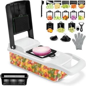 Multifunctional Vegetable Chopper with Container - 12 in-1 Adjustable 8-Blade Fruit & Veggie Chopper with Mandoline Slicer & Dicer | Kitchen Gadgets Food Cutter for Potato, Tomato & Onion (White)