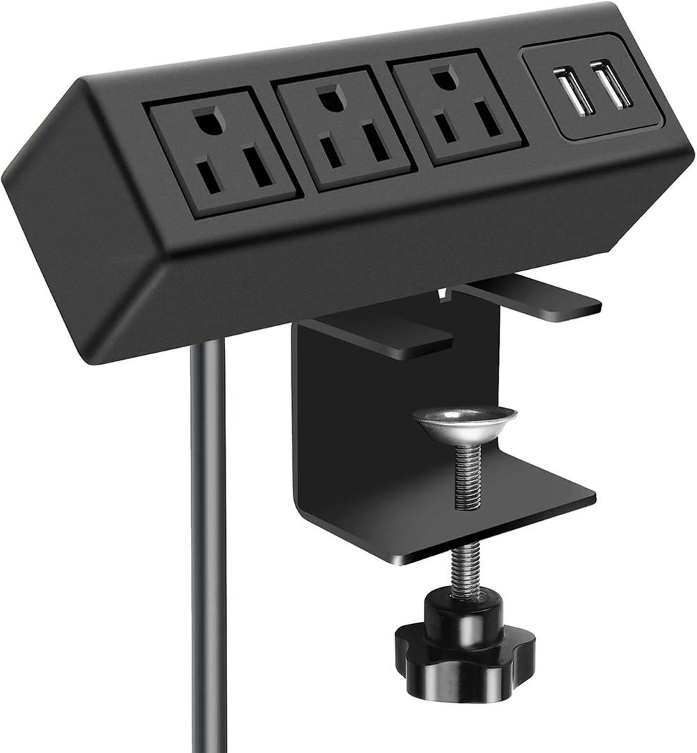 CCCEI 3 Outlet Desk Clamp Power Strip with USB Ports, Desktop Power Strip Surge Protector 1200J. Table Mount Charging Power Station, on Edge Power Outlet 125V 12A 1500W. (6FT, Black)