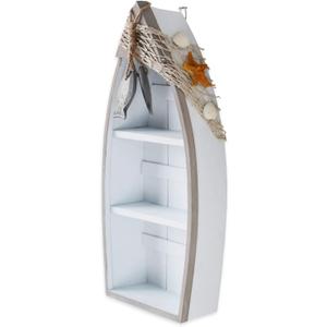 Morning View 2-Shelf Wood Boat Shelf, Nautical Decor with Fishing Net, Starfish, Seashells - Wall Mount or Tabletop Display - Beach Themed Home Decor, White, 6.7x3x16.5 Inch
