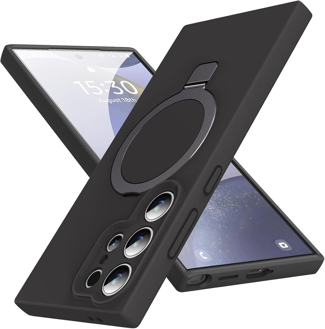 Mag-Ring for Galaxy S25 Ultra Case, Liquid Silicone [Moisturizing Factor] Exreme Soft Slim Phone Case with Stand [Compatible with Mag-Safe] for Samsung Galaxy S25 Ultra 6.9" Men Women, Black