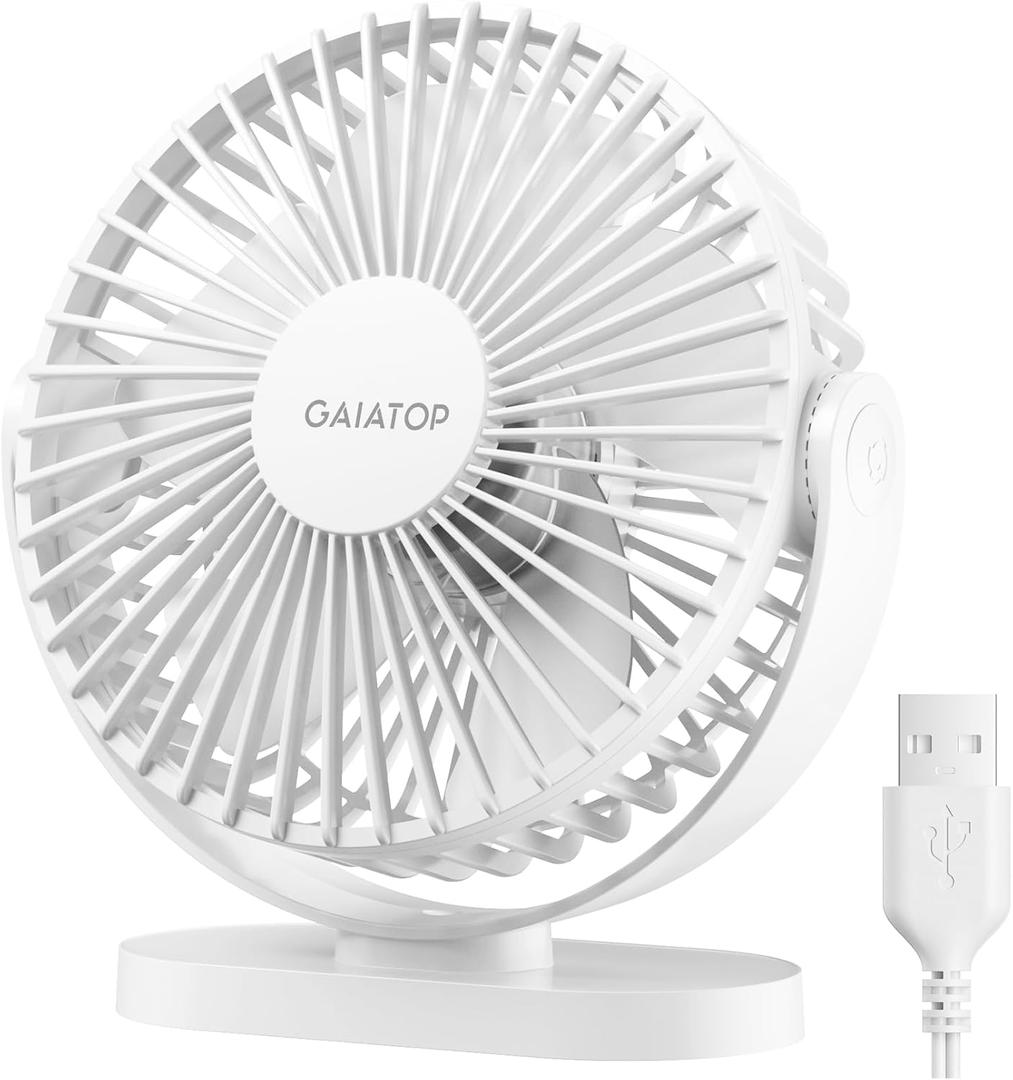 Gaiatop USB Desk Fan, 5.5 Inch Small Quiet Powerful 3 Speeds 90 Rotate, Personal Mini Portable Desktop Table Fans, Cooling for Home Office Car Travel Indoor Outdoor White