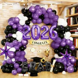 134PCS Purple Black Graduation Balloon Garland Arch Kit with GRAD,2026 and Graduation Mylar Foil Balloons for High College Middle School Class of 2026 Graduation Decorations