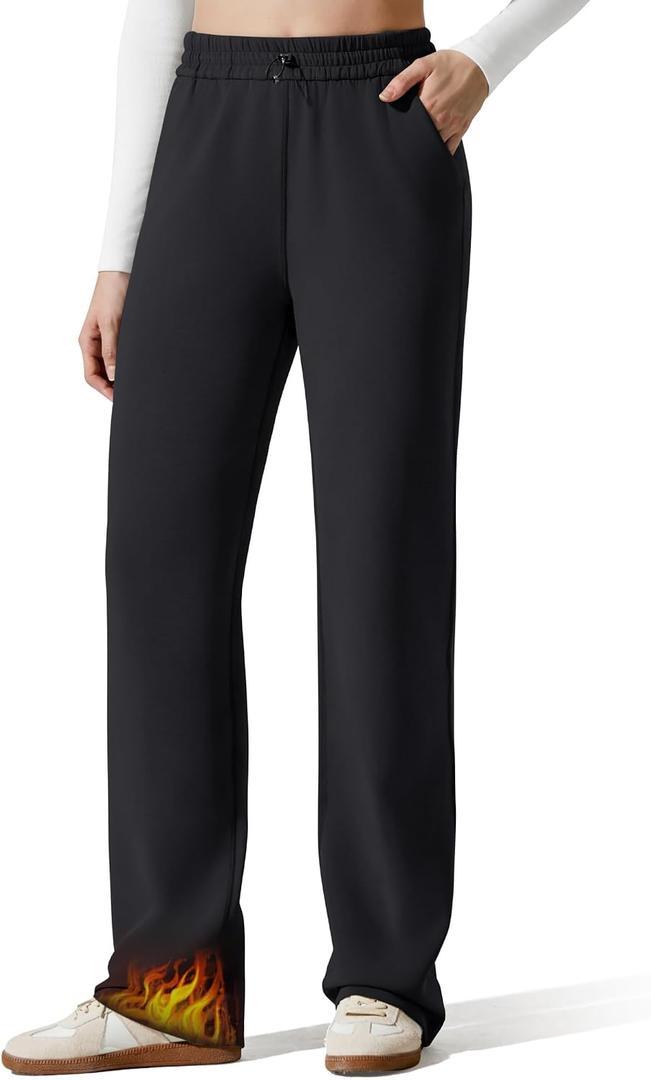 G4Free Smoofit Fleece Lined Sweatpants for Women Wide Leg Drawcord Thermal Casual Pants with Pockets (Black, XL)
