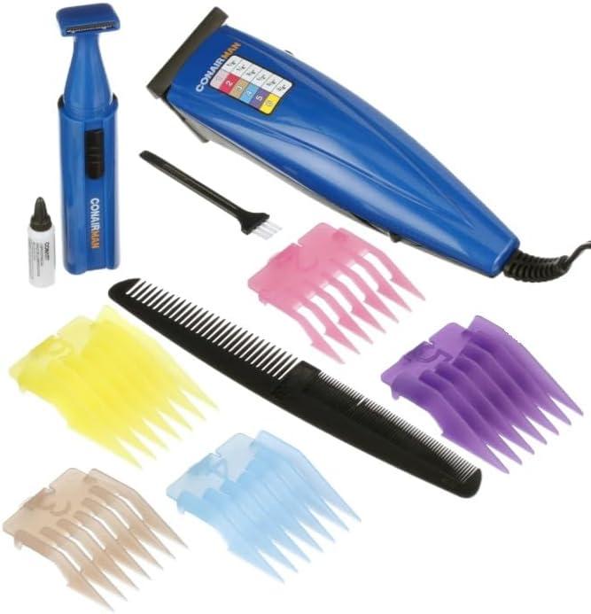CONAIRMAN Clipper Trimmer Combo with Colored Number Comb Guides Hair Cutting Barber Cut Haircut Kit Storage Pouch Blue