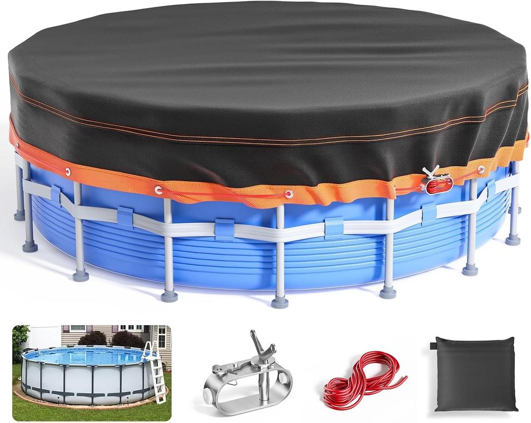 18Ft Round Pool Cover - Solar Covers for Above Ground Pools, Oxford Fabric Pool Covers for Above Ground Pools with Winch and Cable, Waterproof and Dustproof Swimming Pool Cover