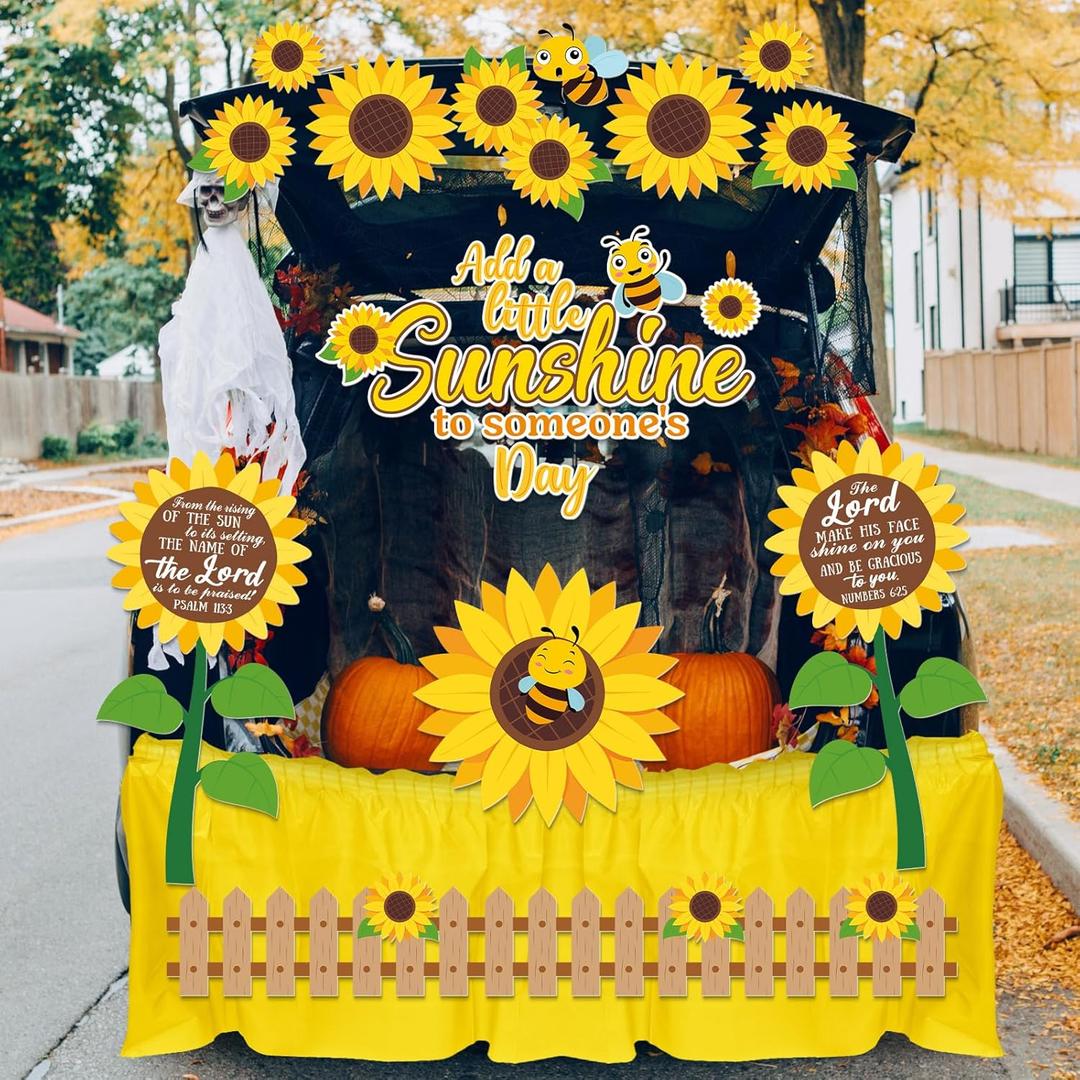 Yeaqee 30 Pcs Halloween Trunk or Treat Car Decorations Kit Religious Sunflower Bible Verse Decoration Christian Cutouts Table Skirt Decoration for Halloween Party Car Decor