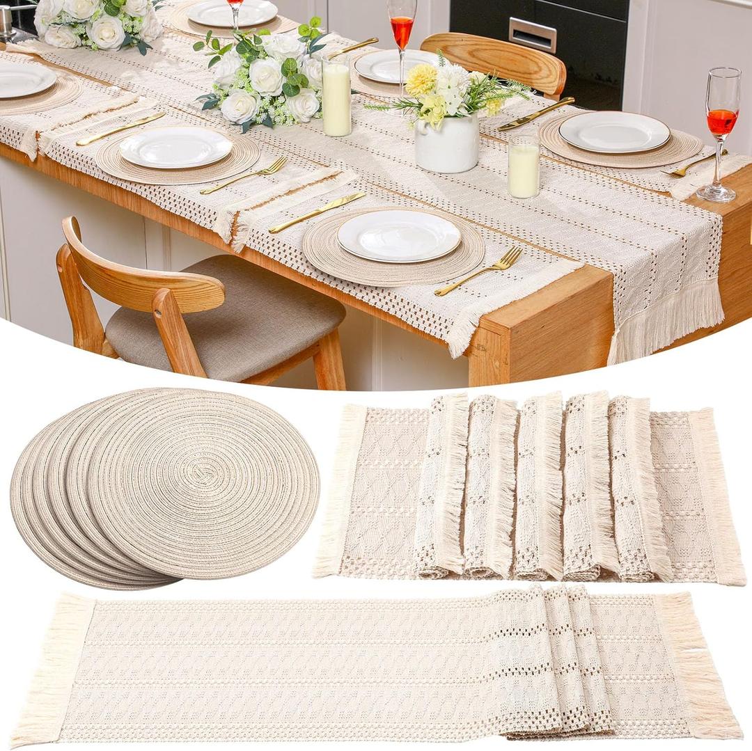 6 Set Handmade Boho Placemats Round Woven Placemats Long Boho Macrame Table Runner with Tassel Farmhouse Rustic Placemat Cotton Burlap for Bohemian Dining Table Decor (White)