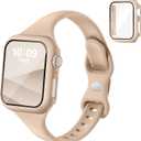 Thin Slim Band and Case Compatible for Apple Watch Bands Women Men 40mm 44mm 42mm 46mm 41mm 45mm, Silicone Sport Strap Cover and Screen Protector for iWatch Series 11/10/9/8/7/6/5/4/SE 3 (Milk Tea)