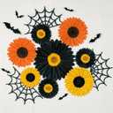 Paper Flowers Decorations for Wall, Black and Orange Party Decorations 3D Large Artificial Flower Hanging Paper Fans Fall Bulletin Board Decoration for Classroom Autumn Thanksgiving Window Fall Decal